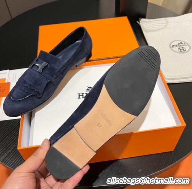 Shop Duplicate Hermes Royal Loafers in Suede with Fringe Dark Blue 215026