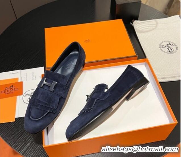 Shop Duplicate Hermes Royal Loafers in Suede with Fringe Dark Blue 215026