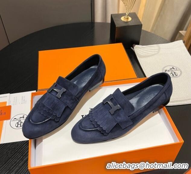 Shop Duplicate Hermes Royal Loafers in Suede with Fringe Dark Blue 215026