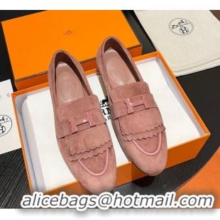 Luxurious Hermes Royal Loafers in Suede with Fringe Light Pink 1215027