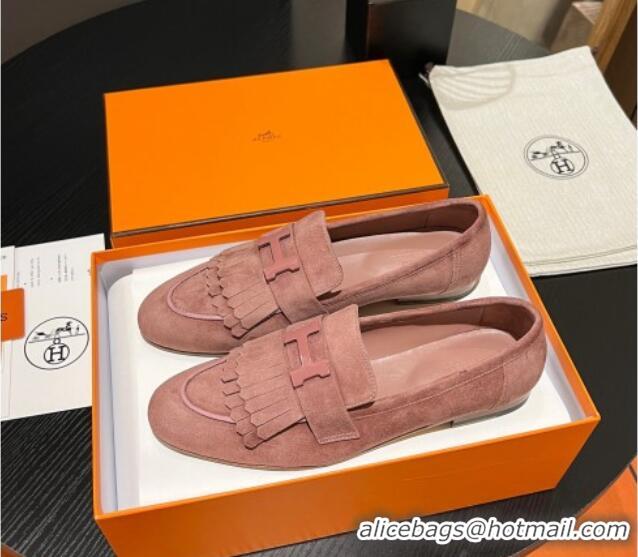 Luxurious Hermes Royal Loafers in Suede with Fringe Light Pink 1215027