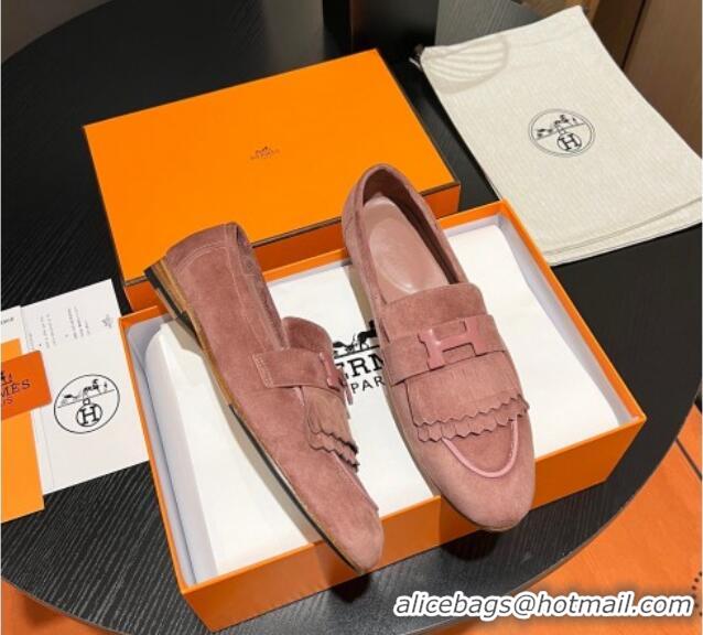 Luxurious Hermes Royal Loafers in Suede with Fringe Light Pink 1215027