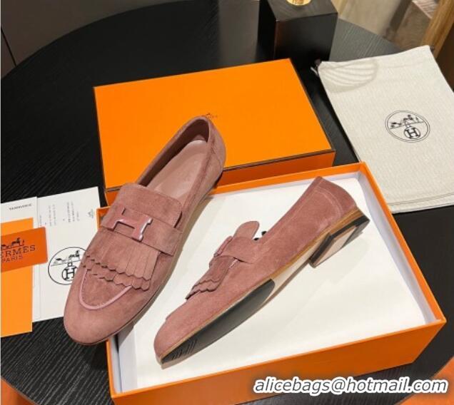 Luxurious Hermes Royal Loafers in Suede with Fringe Light Pink 1215027