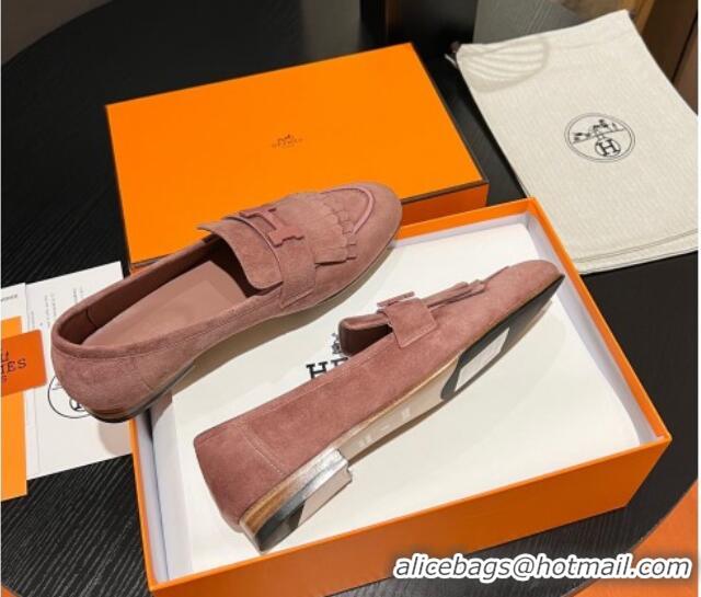 Luxurious Hermes Royal Loafers in Suede with Fringe Light Pink 1215027