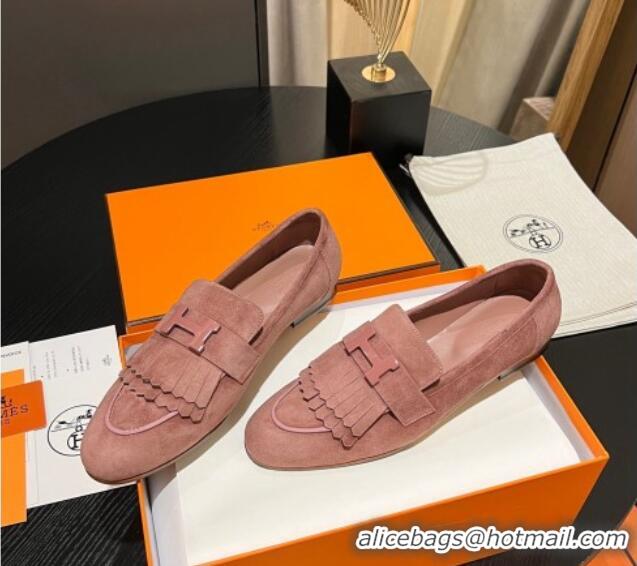 Luxurious Hermes Royal Loafers in Suede with Fringe Light Pink 1215027