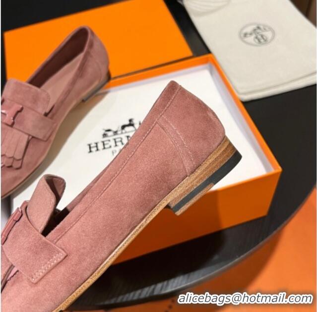 Luxurious Hermes Royal Loafers in Suede with Fringe Light Pink 1215027