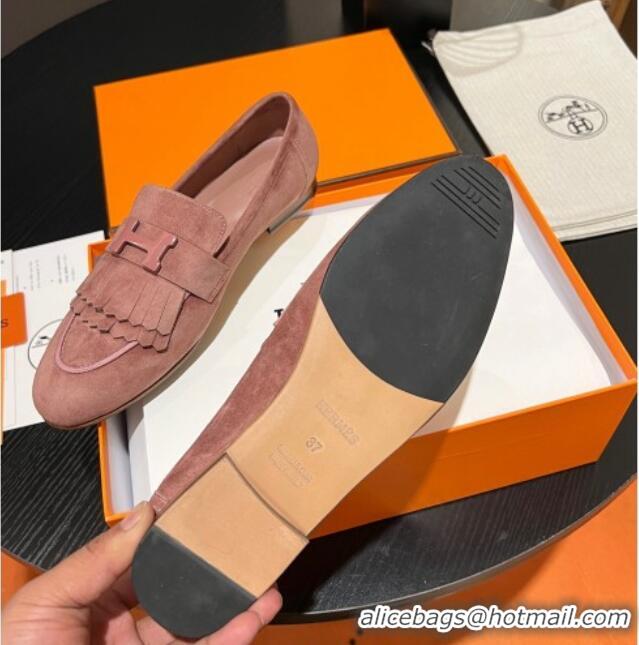 Luxurious Hermes Royal Loafers in Suede with Fringe Light Pink 1215027