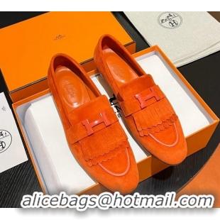 Top Design Hermes Royal Loafers in Suede with Fringe Orange 215029