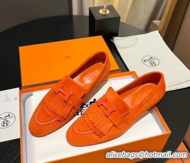 Top Design Hermes Royal Loafers in Suede with Fringe Orange 215029