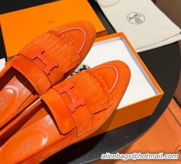 Top Design Hermes Royal Loafers in Suede with Fringe Orange 215029