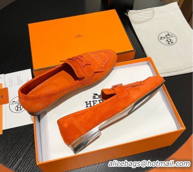 Top Design Hermes Royal Loafers in Suede with Fringe Orange 215029