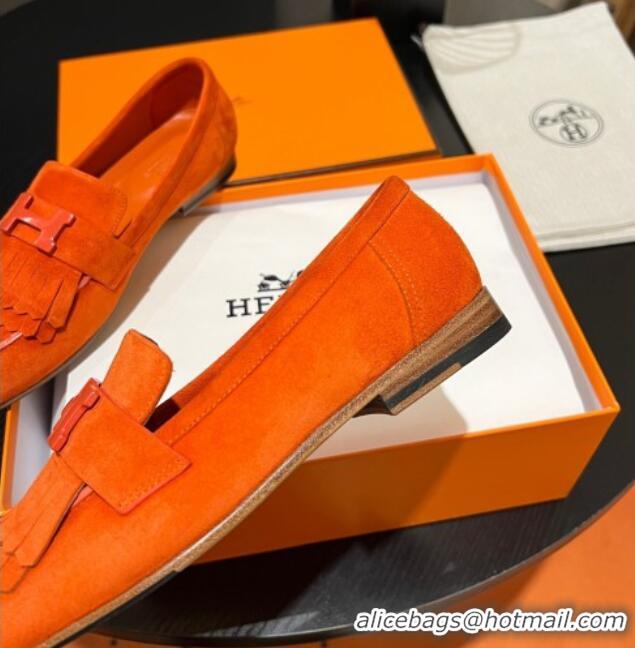 Top Design Hermes Royal Loafers in Suede with Fringe Orange 215029