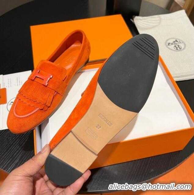 Top Design Hermes Royal Loafers in Suede with Fringe Orange 215029