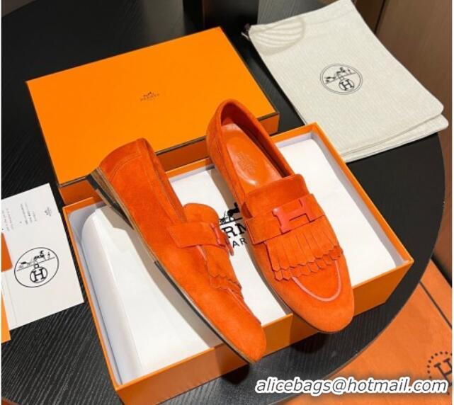 Top Design Hermes Royal Loafers in Suede with Fringe Orange 215029