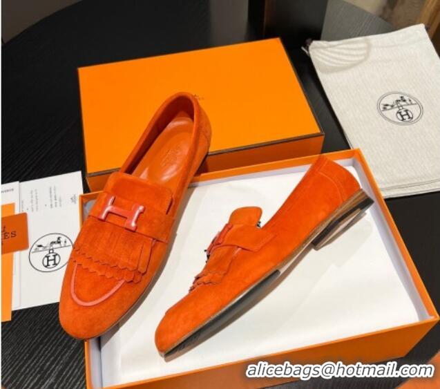 Top Design Hermes Royal Loafers in Suede with Fringe Orange 215029