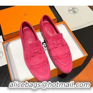 Sumptuous Hermes Royal Loafers in Suede with Fringe Dark Pink 215030