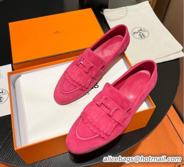 Sumptuous Hermes Royal Loafers in Suede with Fringe Dark Pink 215030