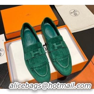 Classic Hot Hermes Royal Loafers in Suede with Fringe Green 215031