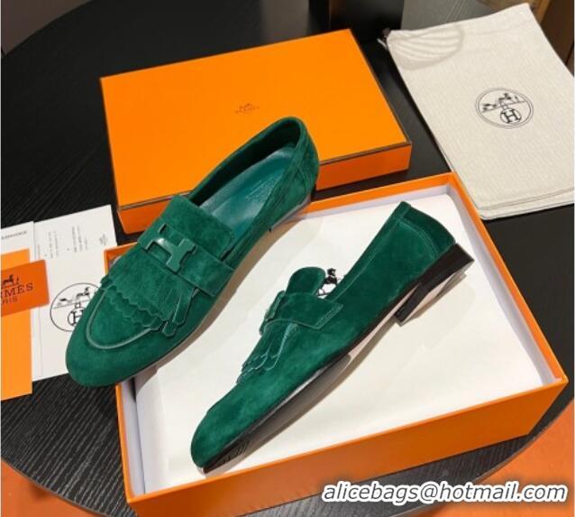 Classic Hot Hermes Royal Loafers in Suede with Fringe Green 215031