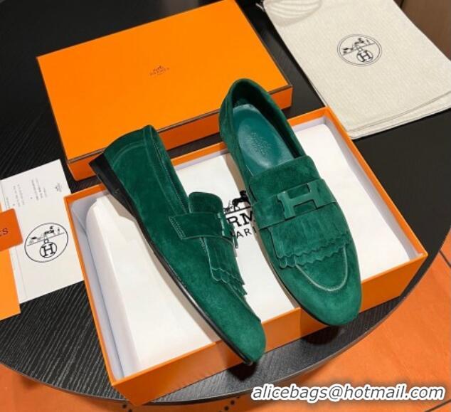 Classic Hot Hermes Royal Loafers in Suede with Fringe Green 215031