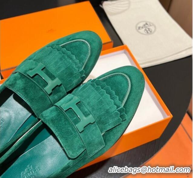 Classic Hot Hermes Royal Loafers in Suede with Fringe Green 215031