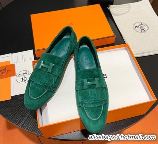 Classic Hot Hermes Royal Loafers in Suede with Fringe Green 215031