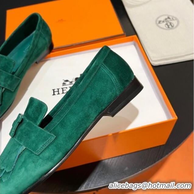 Classic Hot Hermes Royal Loafers in Suede with Fringe Green 215031