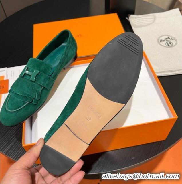 Classic Hot Hermes Royal Loafers in Suede with Fringe Green 215031