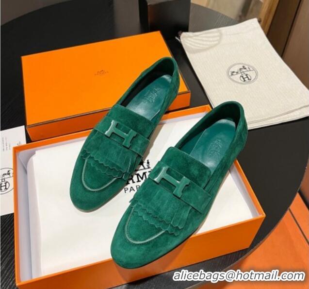 Classic Hot Hermes Royal Loafers in Suede with Fringe Green 215031