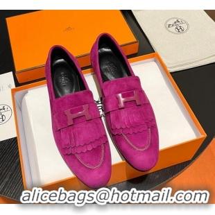 Low Cost Hermes Royal Loafers in Suede with Fringe Purple 215032 