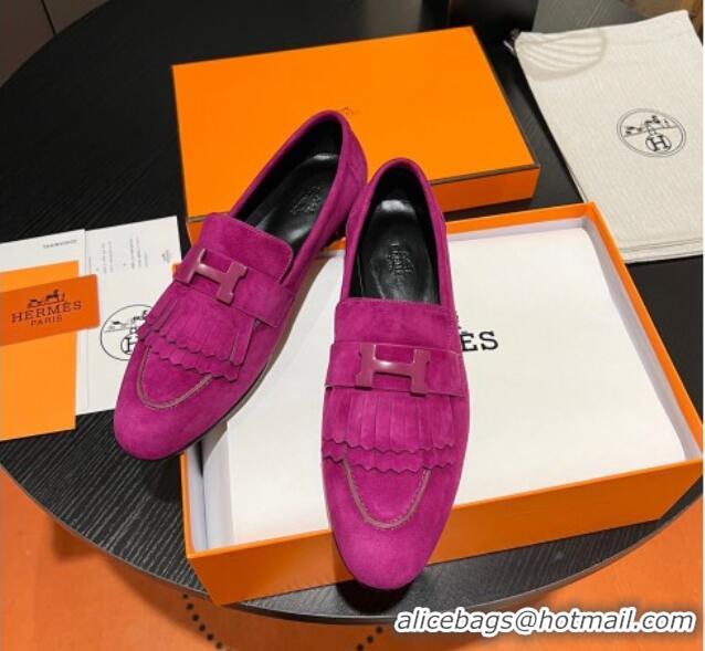 Low Cost Hermes Royal Loafers in Suede with Fringe Purple 215032 