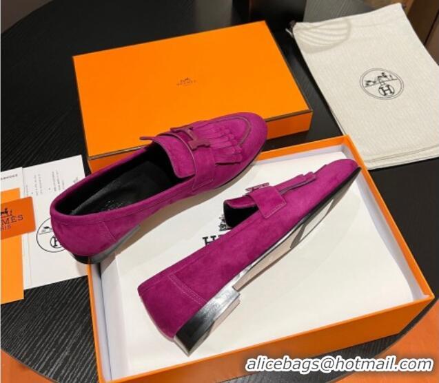 Low Cost Hermes Royal Loafers in Suede with Fringe Purple 215032 