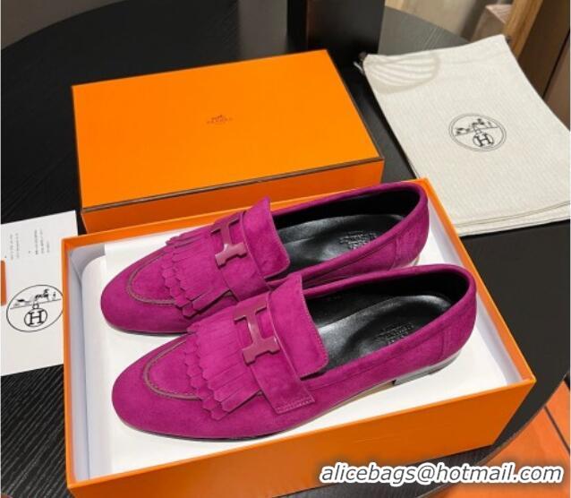 Low Cost Hermes Royal Loafers in Suede with Fringe Purple 215032 