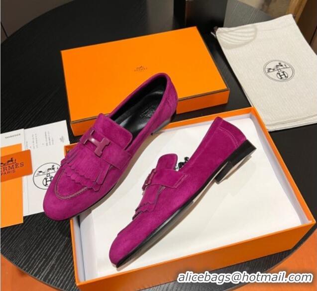 Low Cost Hermes Royal Loafers in Suede with Fringe Purple 215032 