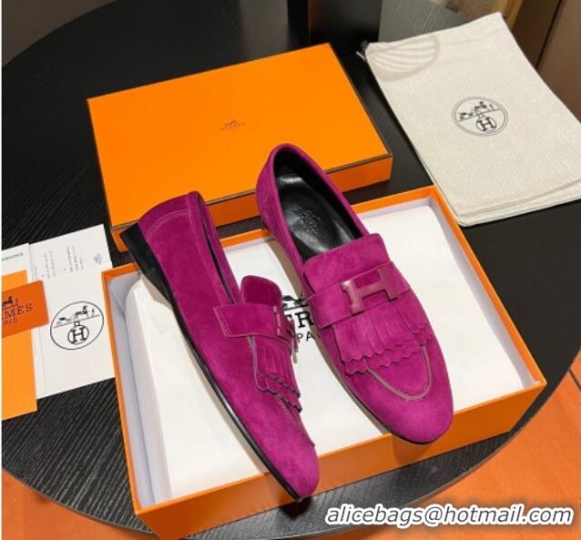 Low Cost Hermes Royal Loafers in Suede with Fringe Purple 215032 