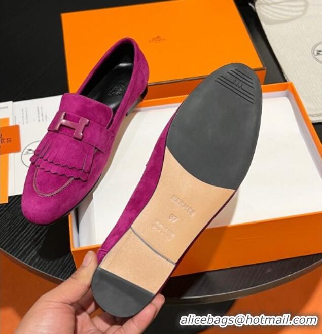 Low Cost Hermes Royal Loafers in Suede with Fringe Purple 215032 