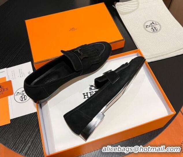 Good Product Hermes Royal Loafers in Suede with Fringe Black 215033