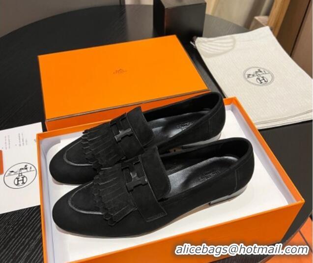 Good Product Hermes Royal Loafers in Suede with Fringe Black 215033