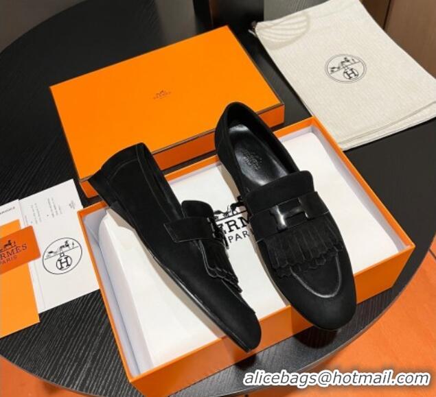 Good Product Hermes Royal Loafers in Suede with Fringe Black 215033