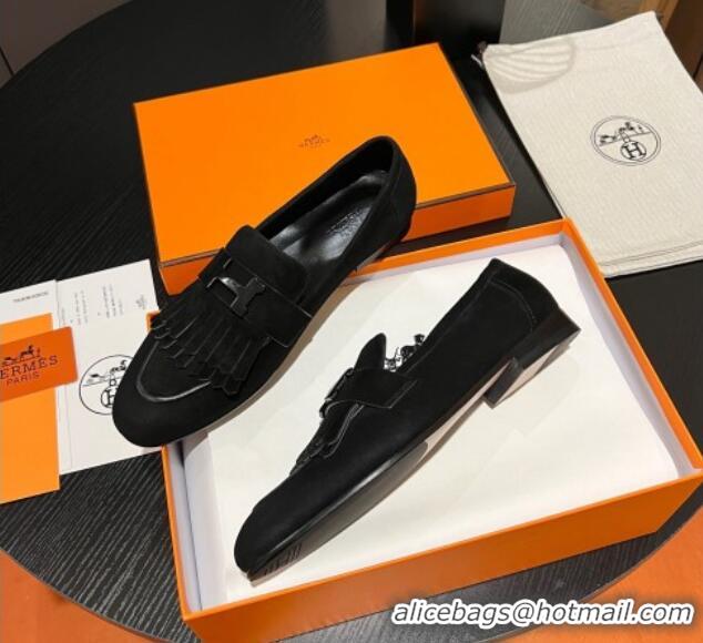 Good Product Hermes Royal Loafers in Suede with Fringe Black 215033