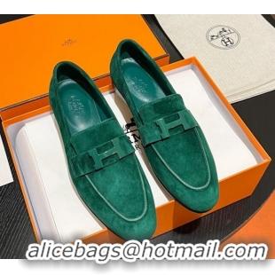 Cheap Price Hermes Paris Loafers in Suede Green 215036