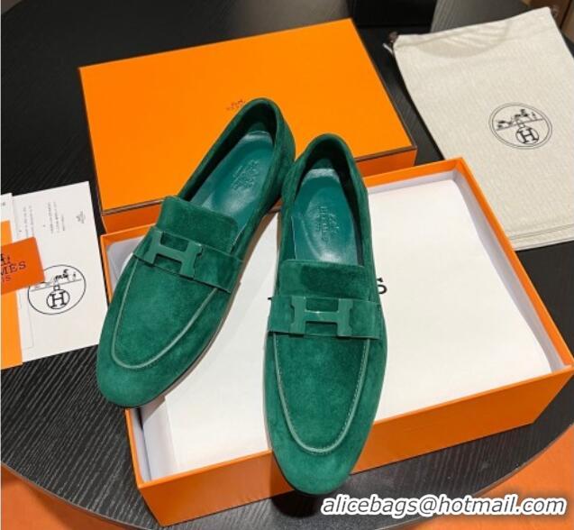 Cheap Price Hermes Paris Loafers in Suede Green 215036