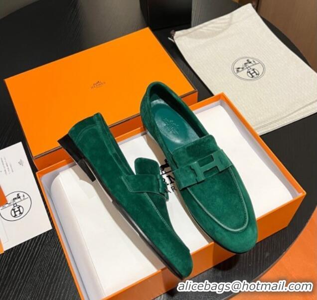 Cheap Price Hermes Paris Loafers in Suede Green 215036