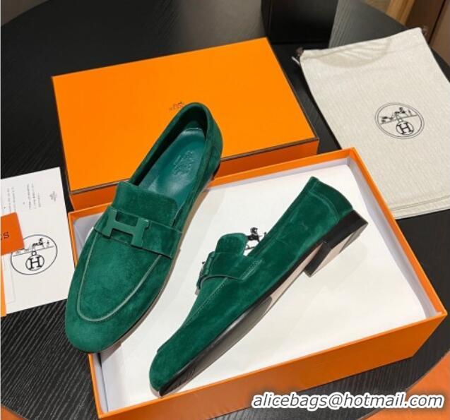 Cheap Price Hermes Paris Loafers in Suede Green 215036