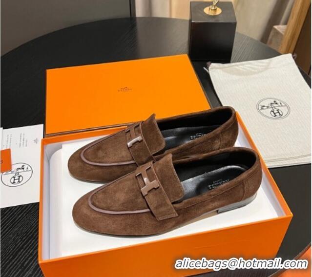 Durable Hermes Paris Loafers in Suede Brown 215037