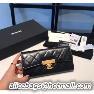 Famous Brand Chanel LONG FLAP WALLET Aged Calfskin & Gold-Tone Metal 81815 black