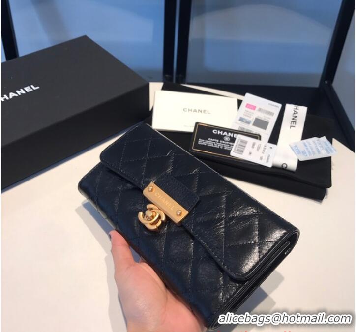 Famous Brand Chanel LONG FLAP WALLET Aged Calfskin & Gold-Tone Metal 81815 black