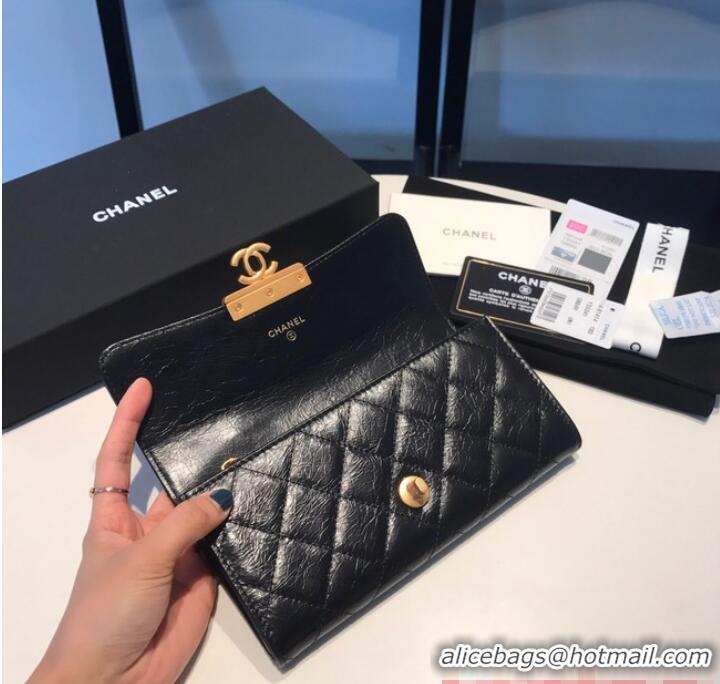 Famous Brand Chanel LONG FLAP WALLET Aged Calfskin & Gold-Tone Metal 81815 black