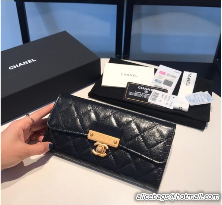 Famous Brand Chanel LONG FLAP WALLET Aged Calfskin & Gold-Tone Metal 81815 black