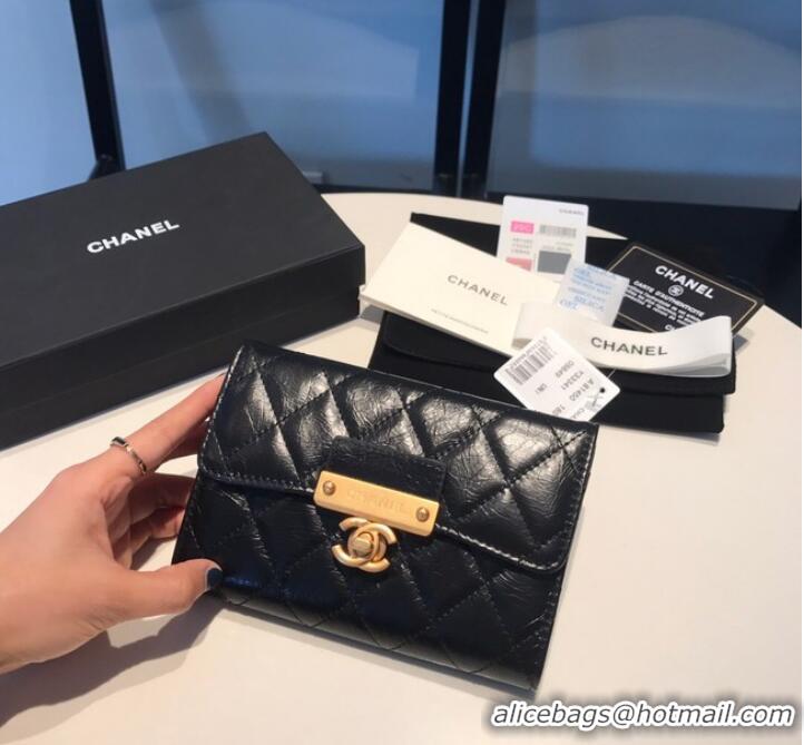 Top Quality Chanel LONG FLAP WALLET Aged Calfskin & Gold-Tone Metal 81816 Black